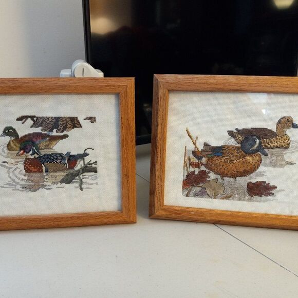 Cross Stitch Wood Duck pair and Blue-Winged Teal Pair Framed Cottagecore - Picture 1 of 6